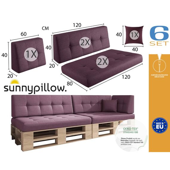 sunnypillow Palettenkissen für Palettenmöbel - 6er Set - Palettenauflage für Palettensofa - Palettenpolster für Garten, Gesteppte Kissen für Europaletten - Rückenkissen & Sitzkissen Violett