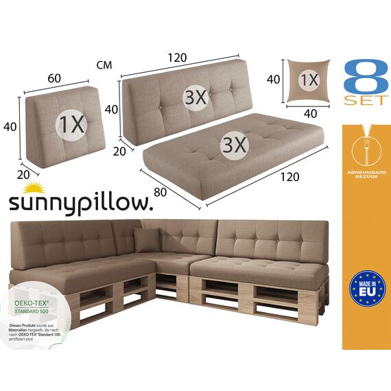 sunnypillow Palettenkissen für Palettenmöbel - 8er Set - Palettenauflage für Palettensofa - Palettenpolster für Garten, Gesteppte Kissen mit Knöpfen für Europaletten - Rückenkissen & Sitzkissen Beige