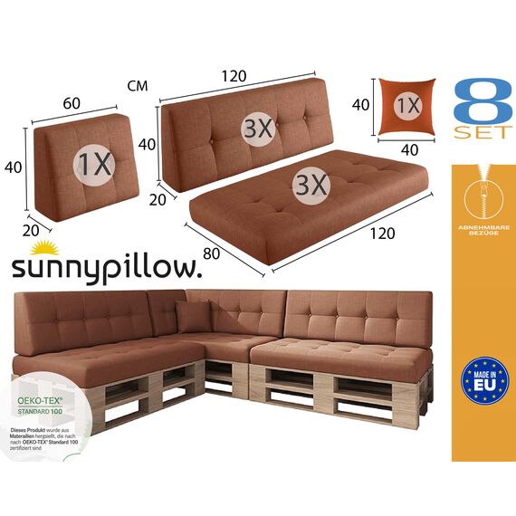 sunnypillow Palettenkissen für Palettenmöbel - 8er Set - Palettenauflage für Palettensofa - Palettenpolster für Garten, Gesteppte Kissen mit Knöpfen für Europaletten - Rückenkissen & Sitzkissen Orange