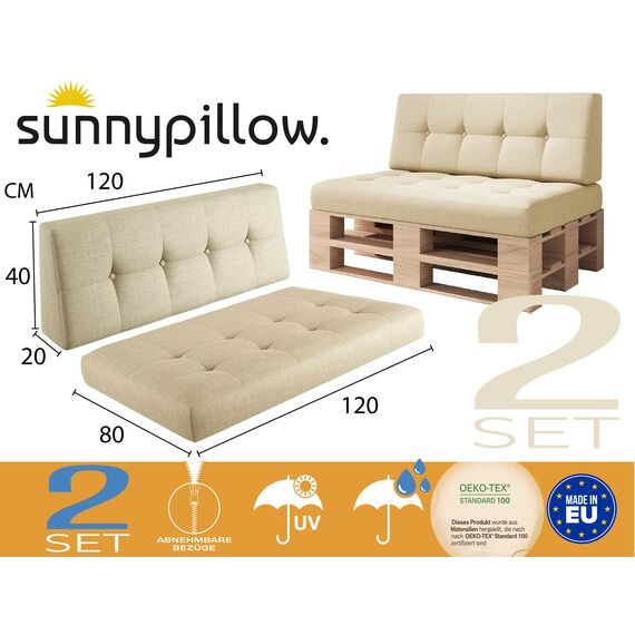 sunnypillow Palettenkissen Outdoor, UV-lichtecht, wasserdicht - 2er Set - Palettenauflage für Palettensofa für Haus, Garten - Palettenpolster für Palettenmöbel - Rückenkissen & Sitzkissen Cremefarben
