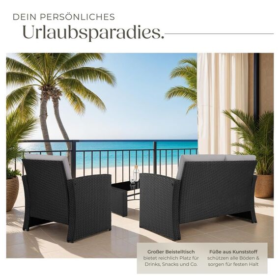 tectake® Lounge Gartenmöbel Set Poly Rattan für den Garten, Möbel für den Balkon, 12-teilige Garten Lounge (wetterfest), Essgruppe mit Outdoor Sofa, Sessel und Tisch für 4 Personen (Schwarz/Grau)