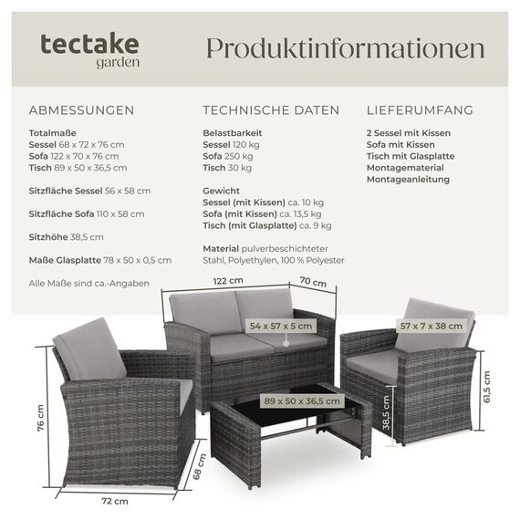tectake Lounge Gartenmöbel Set Poly Rattan für den Garten, Möbel für den Balkon, 12-teilige Garten Lounge (wetterfest), Essgruppe mit Outdoor Sofa, Sessel und Tisch für 4 Personen (Grau/Hellgrau)