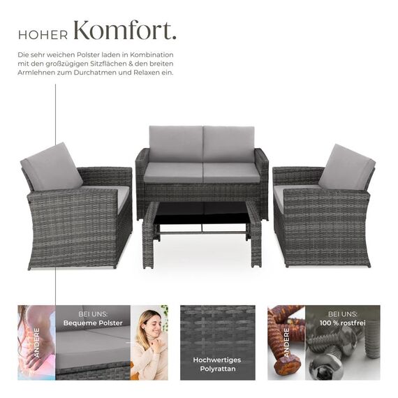 tectake Lounge Gartenmöbel Set Poly Rattan für den Garten, Möbel für den Balkon, 12-teilige Garten Lounge (wetterfest), Essgruppe mit Outdoor Sofa, Sessel und Tisch für 4 Personen (Grau/Hellgrau)