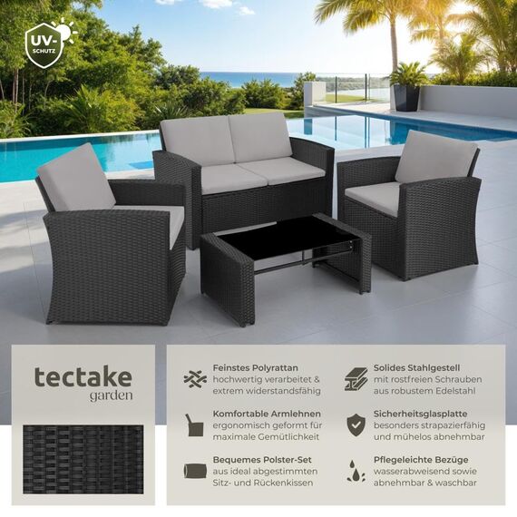 tectake® Lounge Gartenmöbel Set Poly Rattan für den Garten, Möbel für den Balkon, 12-teilige Garten Lounge (wetterfest), Essgruppe mit Outdoor Sofa, Sessel und Tisch für 4 Personen (Schwarz/Grau)