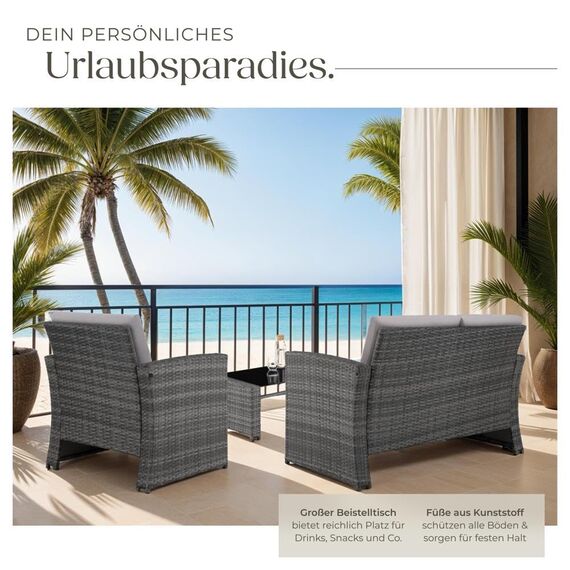 tectake Lounge Gartenmöbel Set Poly Rattan für den Garten, Möbel für den Balkon, 12-teilige Garten Lounge (wetterfest), Essgruppe mit Outdoor Sofa, Sessel und Tisch für 4 Personen (Grau/Hellgrau)