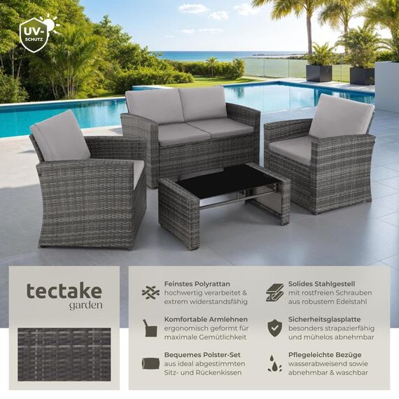tectake Lounge Gartenmöbel Set Poly Rattan für den Garten, Möbel für den Balkon, 12-teilige Garten Lounge (wetterfest), Essgruppe mit Outdoor Sofa, Sessel und Tisch für 4 Personen (Grau/Hellgrau)