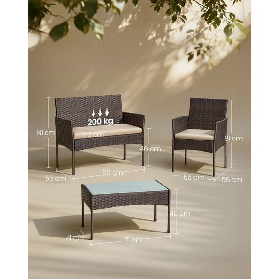 SONGMICS Balkonmöbel, Gartenmöbel-Set, aus PE-Polyrattan, Lounge-Set, Terrassenmöbel, Outdoor, für Terrasse, Balkon, Garten, braun-Taupe GGF004K05