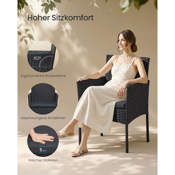 SONGMICS Gartenmöbel-Set, 4-teilig, Balkonmöbel aus PE-Polyrattan, Tisch, 2 Stühle, 2-Sitzer-Bank, Lounge-Möbel Outdoor, Terrassenmöbel, für Terrasse, Balkon, schwarz-grau GGF004B06