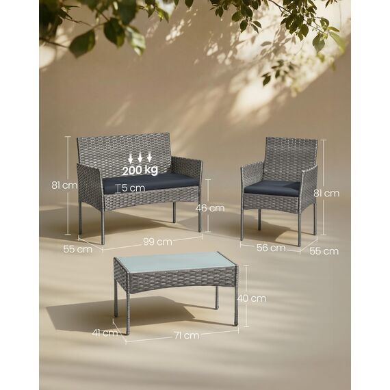 SONGMICS Gartenmöbel-Set, 4-teilig, Balkonmöbel aus PE-Polyrattan, Tisch, 2 Stühle, 2-Sitzer-Bank, Lounge-Möbel Outdoor, Terrassenmöbel, für Terrasse, Balkon, grau GGF004TZ01