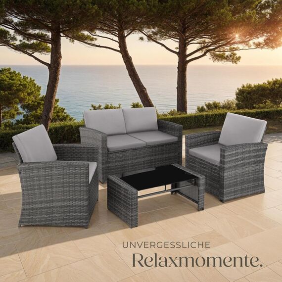 tectake Lounge Gartenmöbel Set Poly Rattan für den Garten, Möbel für den Balkon, 12-teilige Garten Lounge (wetterfest), Essgruppe mit Outdoor Sofa, Sessel und Tisch für 4 Personen (Grau/Hellgrau)