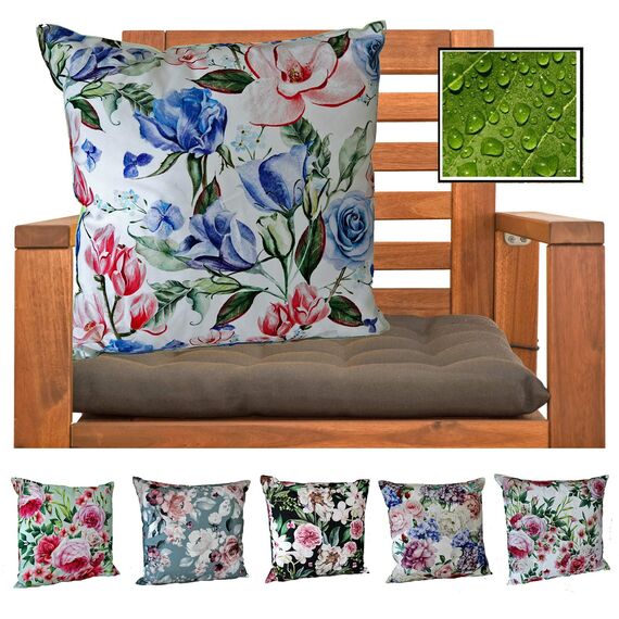 heimtexland ® Outdoorkissen Dekokissen Schmutz- und Wasserabweisend Landhaus Garten Outdoor Kissen Blumen Blau Grün Typ675
