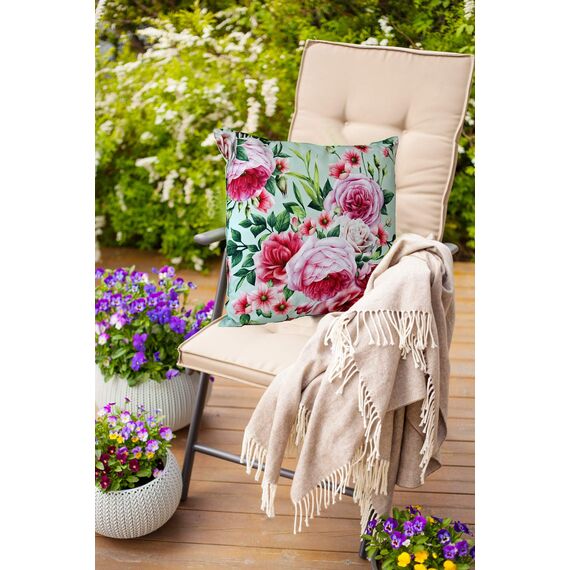 heimtexland ® Outdoorkissen Dekokissen Schmutz- und Wasserabweisend Landhaus Garten Outdoor Kissen Rosen Pink Grün Typ675