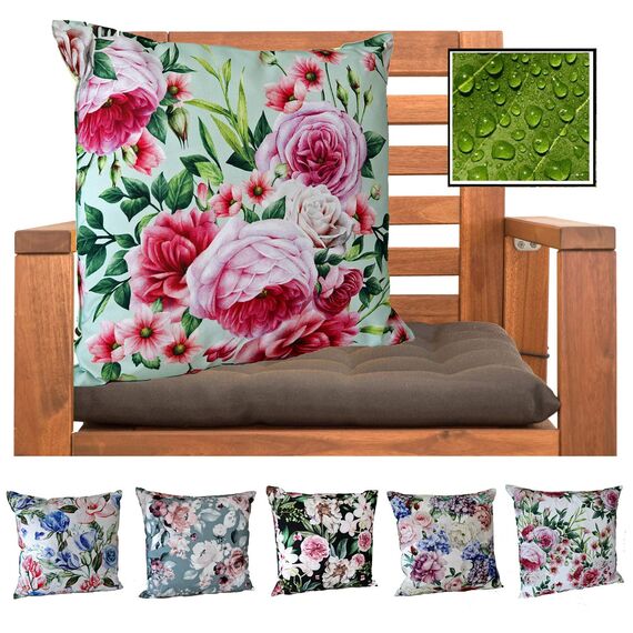 heimtexland ® Outdoorkissen Dekokissen Schmutz- und Wasserabweisend Landhaus Garten Outdoor Kissen Rosen Pink Grün Typ675