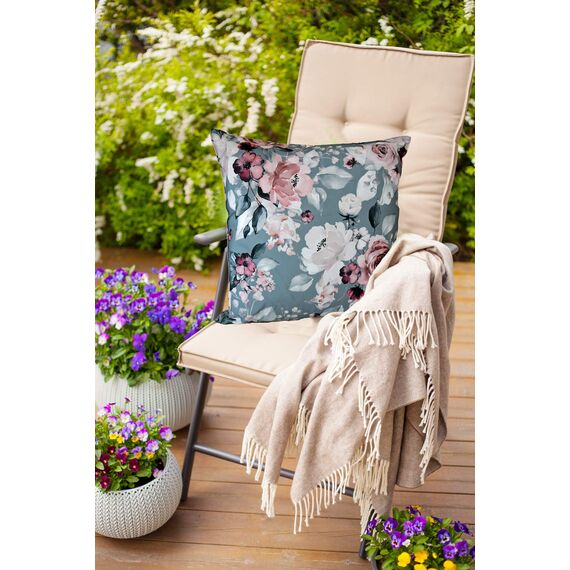 heimtexland ® Outdoorkissen Dekokissen Schmutz- und Wasserabweisend Landhaus Garten Outdoor Kissen Blumen Grau Rosa Typ675