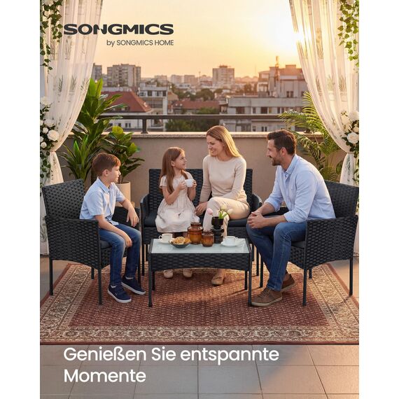 SONGMICS Gartenmöbel-Set, 4-teilig, Balkonmöbel aus PE-Polyrattan, Tisch, 2 Stühle, 2-Sitzer-Bank, Lounge-Möbel Outdoor, Terrassenmöbel, für Terrasse, Balkon, schwarz-grau GGF004B06