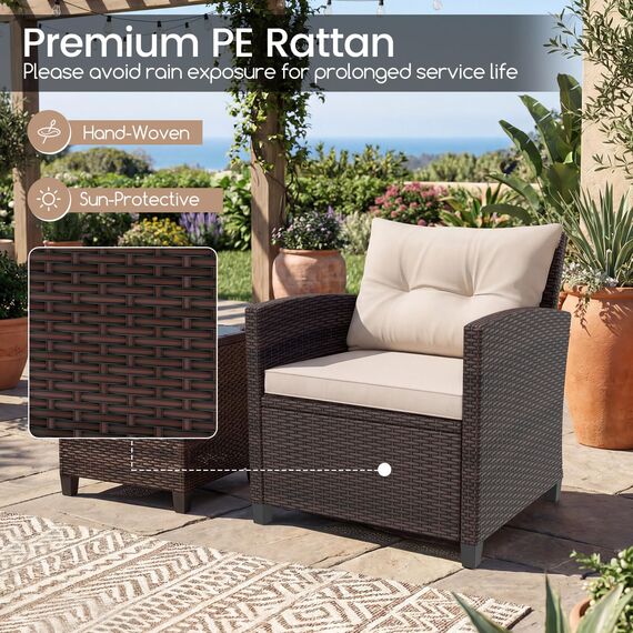 GIANTEX Rattan Gartenmöbel Set, Balkonmöbel Kleiner Balkon, Lounge Gartenmöbel Set, Balkon Möbel für 2 Personen, Gartenlounge Set 2 Sessel & Tisch, 3 tlg. Gartensitzgruppe inkl. Sitz- und Rückenkissen