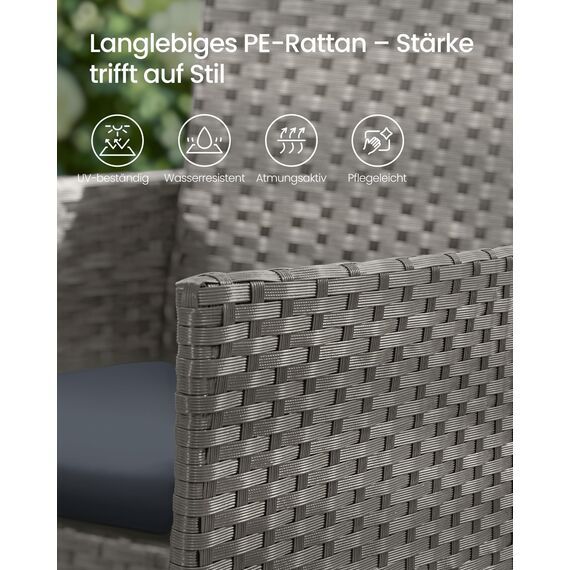 SONGMICS Gartenmöbel-Set, 4-teilig, Balkonmöbel aus PE-Polyrattan, Tisch, 2 Stühle, 2-Sitzer-Bank, Lounge-Möbel Outdoor, Terrassenmöbel, für Terrasse, Balkon, grau GGF004TZ01