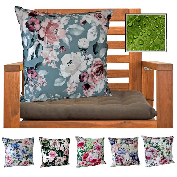heimtexland ® Outdoorkissen Dekokissen Schmutz- und Wasserabweisend Landhaus Garten Outdoor Kissen Blumen Grau Rosa Typ675