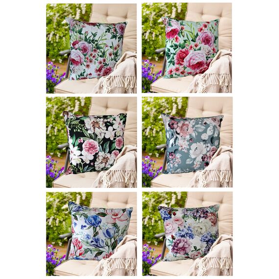 heimtexland ® Outdoorkissen Dekokissen Schmutz- und Wasserabweisend Landhaus Garten Outdoor Kissen Rosen Rosa Grün Typ675