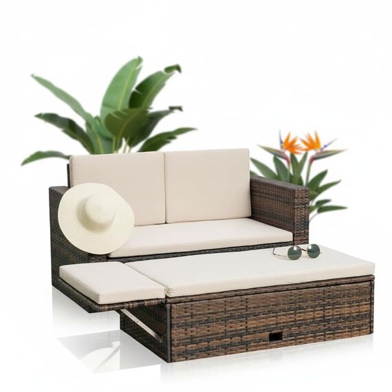 Melko Gartenset Polyrattan mehrteilige Sofa-Garnitur Holz Braun mit klappbarer Fußbank & Stauraum, Tisch inklusive Kissen