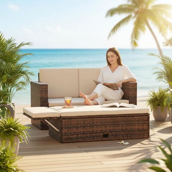 Melko Gartenset Polyrattan mehrteilige Sofa-Garnitur Holz Braun mit klappbarer Fußbank & Stauraum, Tisch inklusive Kissen