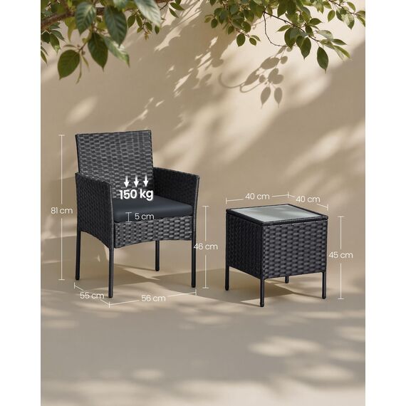 SONGMICS Balkonmöbel, Gartenmöbel-Set, aus PE-Polyrattan, Lounge-Set, Tisch und 2 Stühle, Terrassenmöbel, Outdoor, für Terrasse, Balkon, Garten, schwarz-grau GGF003B02