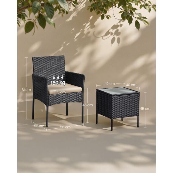 SONGMICS Balkonmöbel, Gartenmöbel-Set, aus PE-Polyrattan, Lounge-Set, Tisch und 2 Stühle, Terrassenmöbel, Outdoor, für Terrasse, Balkon, Garten, schwarz-Taupe GGF003B01