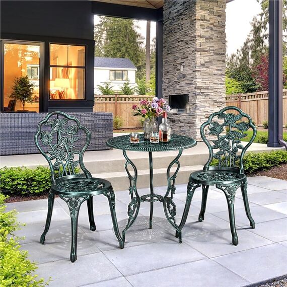 Yaheetech 3tlg. Bistro Set Balkonset Gartenset mit Stühlen Gartenmöbel-Set Zwei Sitzhocker Gartenmöbel im antiken Stil Aluguss Grün
