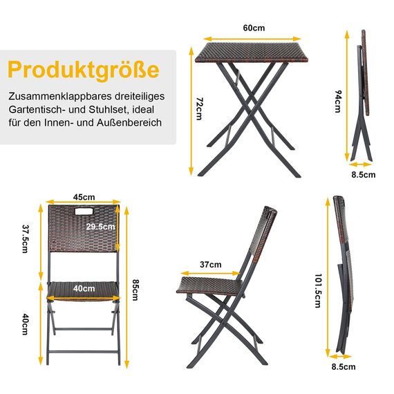 LIFERUN Balkonmöbel Set 3-teilige, Balkonmöbel Rattan, Bistro Gartenmöbel, 1 Klapptische und 2PCS Klappstühle, Braun Balkonmöbel Klappbar, Klappmöbel Stuhl für Balkon, Terrasse und Garten