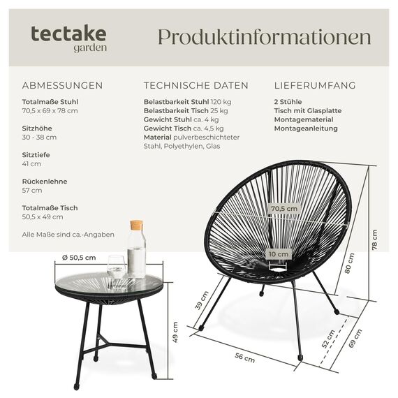 tectake® Set 2X Stuhl 1x Beistelltisch Acapulco, Gartenstuhl, Gartenstühle im Retro Design, Indoor und Outdoor Sessel für Garten, Wintergarten, als Terrassenstühle oder Balkon Sessel - schwarz