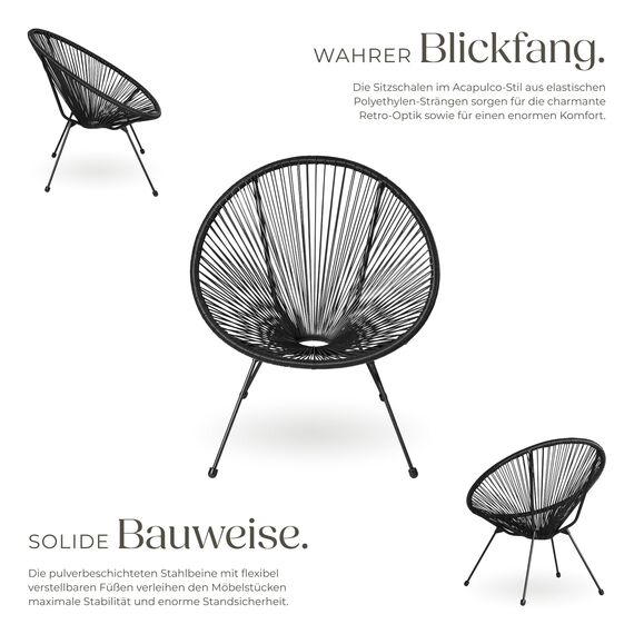 tectake® Set 2X Stuhl 1x Beistelltisch Acapulco, Gartenstuhl, Gartenstühle im Retro Design, Indoor und Outdoor Sessel für Garten, Wintergarten, als Terrassenstühle oder Balkon Sessel - schwarz