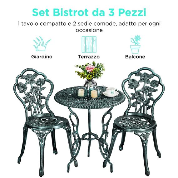 Yaheetech 3tlg. Bistro Set Balkonset Gartenset mit Stühlen Gartenmöbel-Set Zwei Sitzhocker Gartenmöbel im antiken Stil Aluguss Grün