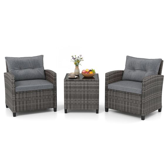 GIANTEX Rattan Gartenmöbel Set, Balkonmöbel Kleiner Balkon, Lounge Gartenmöbel Set, Balkon Möbel für 2 Personen, Gartenlounge Set 2 Sessel & Tisch, 3 tlg. Gartensitzgruppe inkl. Sitz- und Rückenkissen