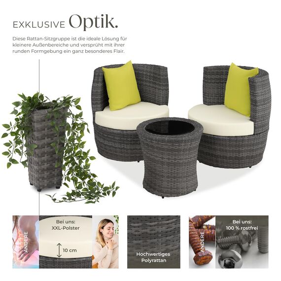 tectake® Rattan Set 2 Personen, Balkonmöbel, Aluminium Gartenmöbel Set, Outdoor Sitzgruppe mit 2X Stuhl, 1 Beistelltisch rund, 1 Vase, platzsparend zusammenschiebbar, mit Polster und Kissen - grau