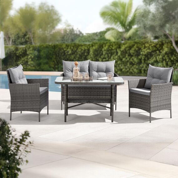 SVITA Dallas Gartensitzgruppe Polyrattan 4-teilig Outdoor Set mit 2 Sesseln 2er-Sofa & Esstisch Wetterfestes PE-Rattan Stahlrahmen & Sitzkissen Grau