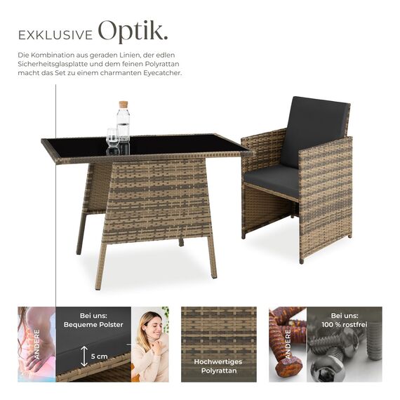 tectake® Poly Rattan Sitzgruppe für 2 Personen, Outdoor Möbel platzsparend zusammenschiebbar, 2 Sessel & 1 Tisch, ideales Balkon Lounge Set, Gartenmöbel, Terrassenmöbel wetterfest - Natur