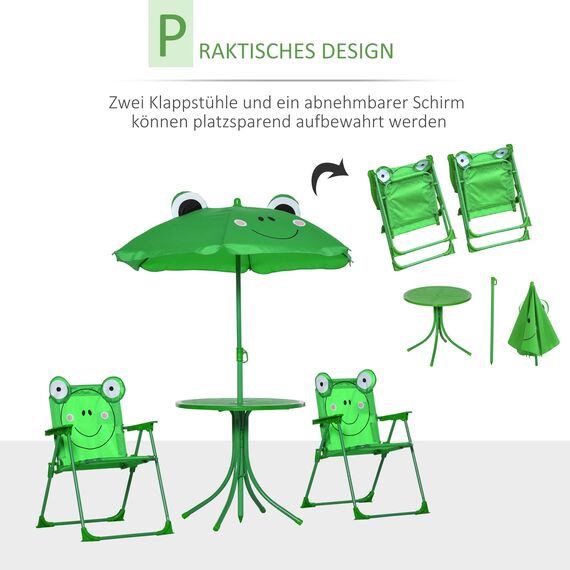 Outsunny 4tlg. Kindersitzgruppe Garten Gartentisch 2 Klappstühle Sonnenschirm Camping Kindersitzgarnitur Gartenmöbel für 3-5 Jahre Grün