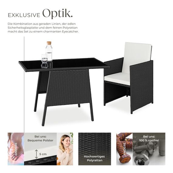 tectake® Poly Rattan Sitzgruppe für 2 Personen, Outdoor Möbel platzsparend zusammenschiebbar, 2 Sessel & 1 Tisch, ideales Balkon Lounge Set, Gartenmöbel, Terrassenmöbel wetterfest - schwarz