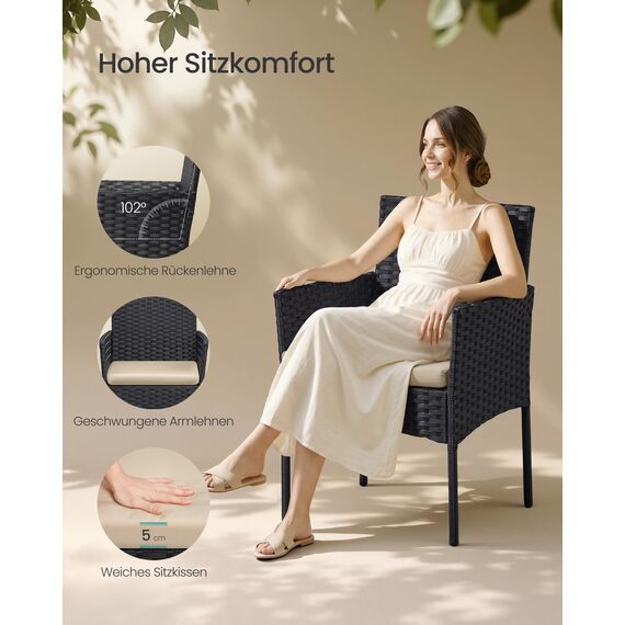 SONGMICS Balkonmöbel, Gartenmöbel-Set, aus PE-Polyrattan, Lounge-Set, Tisch und 2 Stühle, Terrassenmöbel, Outdoor, für Terrasse, Balkon, Garten, schwarz-Taupe GGF003B01