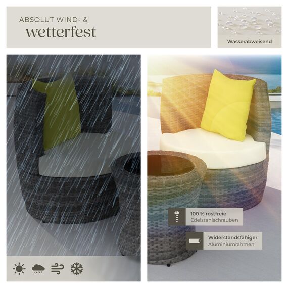 tectake® Rattan Set 2 Personen, Balkonmöbel, Aluminium Gartenmöbel Set, Outdoor Sitzgruppe mit 2X Stuhl, 1 Beistelltisch rund, 1 Vase, platzsparend zusammenschiebbar, mit Polster und Kissen - grau