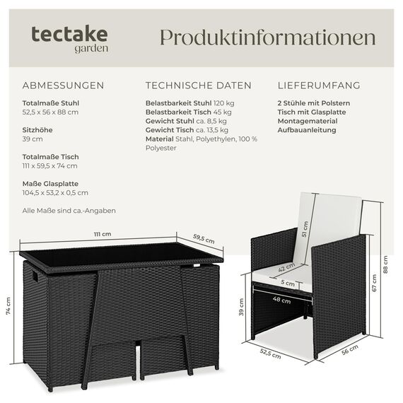 tectake® Poly Rattan Sitzgruppe für 2 Personen, Outdoor Möbel platzsparend zusammenschiebbar, 2 Sessel & 1 Tisch, ideales Balkon Lounge Set, Gartenmöbel, Terrassenmöbel wetterfest - schwarz