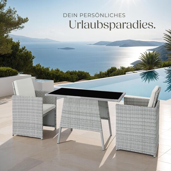 tectake® Poly Rattan Sitzgruppe für 2 Personen, Outdoor Möbel platzsparend zusammenschiebbar, 2 Sessel & 1 Tisch, ideales Balkon Lounge Set, Gartenmöbel, Terrassenmöbel wetterfest - hellgrau