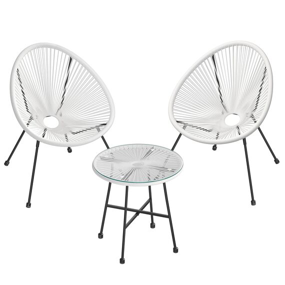 SONGMICS Balkonmöbel, Gartenmöbel-Set, 3er Set, Sitzgruppe, Terrassenmöbel, Tischoberfläche aus Glas, 2 Stühle, Innen- und Außenbereich, für Terrasse, Garten, Balkon, im Freien, weiß GGF013W02
