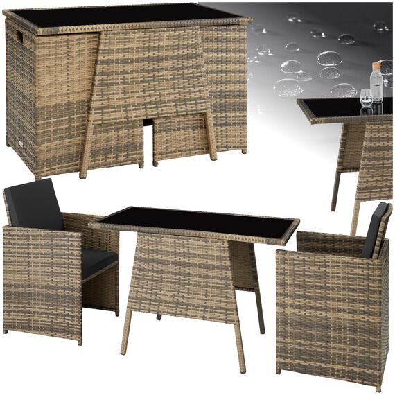 tectake® Poly Rattan Sitzgruppe für 2 Personen, Outdoor Möbel platzsparend zusammenschiebbar, 2 Sessel & 1 Tisch, ideales Balkon Lounge Set, Gartenmöbel, Terrassenmöbel wetterfest - Natur