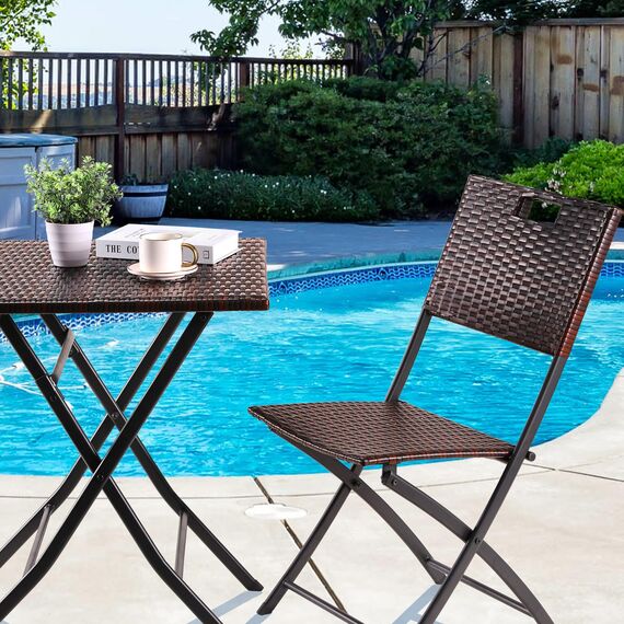 LIFERUN Balkonmöbel Set 3-teilige, Balkonmöbel Rattan, Bistro Gartenmöbel, 1 Klapptische und 2PCS Klappstühle, Braun Balkonmöbel Klappbar, Klappmöbel Stuhl für Balkon, Terrasse und Garten