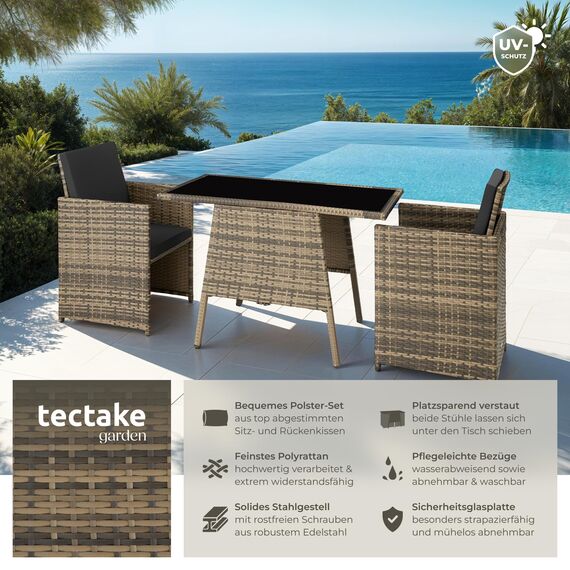 tectake® Poly Rattan Sitzgruppe für 2 Personen, Outdoor Möbel platzsparend zusammenschiebbar, 2 Sessel & 1 Tisch, ideales Balkon Lounge Set, Gartenmöbel, Terrassenmöbel wetterfest - Natur