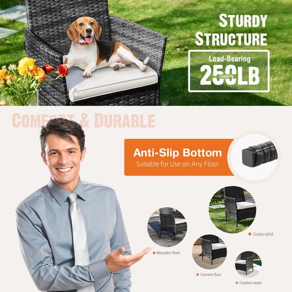 Sweetcrispy Terrassenmöbel-Set, 3-teilig, Outdoor-Möbel mit weichem Kissen und Glastisch, Allwetter-manuelles Weben, Rattan, Terrassenstühle für Garten, Terrasse, Veranda (Schwarz und Beige)