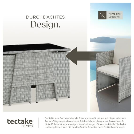 tectake® Poly Rattan Sitzgruppe für 2 Personen, Outdoor Möbel platzsparend zusammenschiebbar, 2 Sessel & 1 Tisch, ideales Balkon Lounge Set, Gartenmöbel, Terrassenmöbel wetterfest - hellgrau