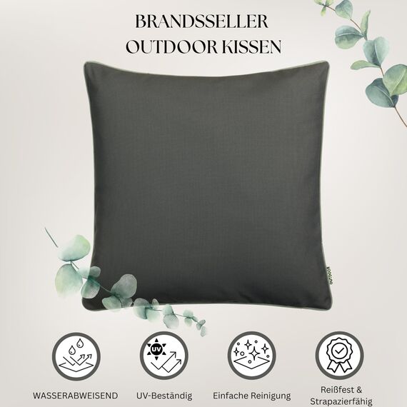 Brandsseller 2er Set Outdoor Kissen 45x45 cm – Wetterfeste Zierkissen mit Paspel – Wasserabweisende Gartenkissen & Dekokissen für draußen – Sofakissen für Balkon & Terrasse – Anthrazit