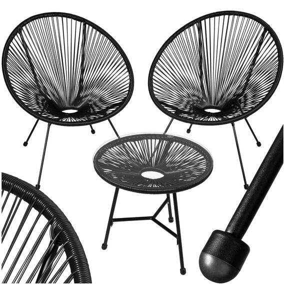 tectake® Set 2X Stuhl 1x Beistelltisch Acapulco, Gartenstuhl, Gartenstühle im Retro Design, Indoor und Outdoor Sessel für Garten, Wintergarten, als Terrassenstühle oder Balkon Sessel - schwarz